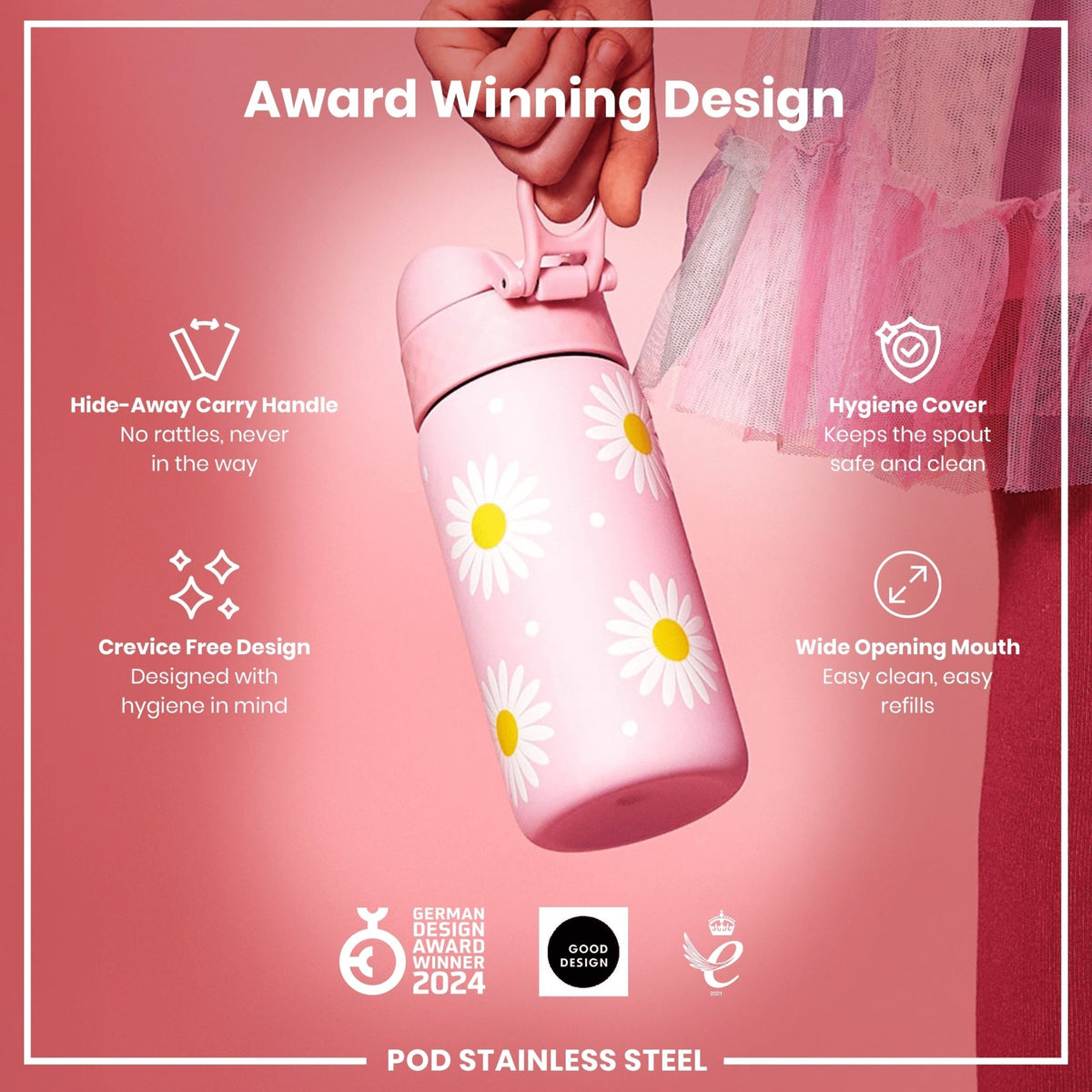 Ion8 stainless steel water bottle with daisy design, 400ml capacity, leak-proof kids' steel bottle for hydration on the go