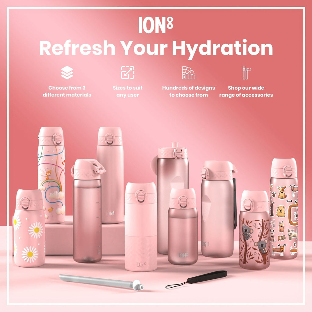 ION8 stainless steel water bottle with daisies design, 400ml leak-proof kids' water bottle, durable and BPA-free.