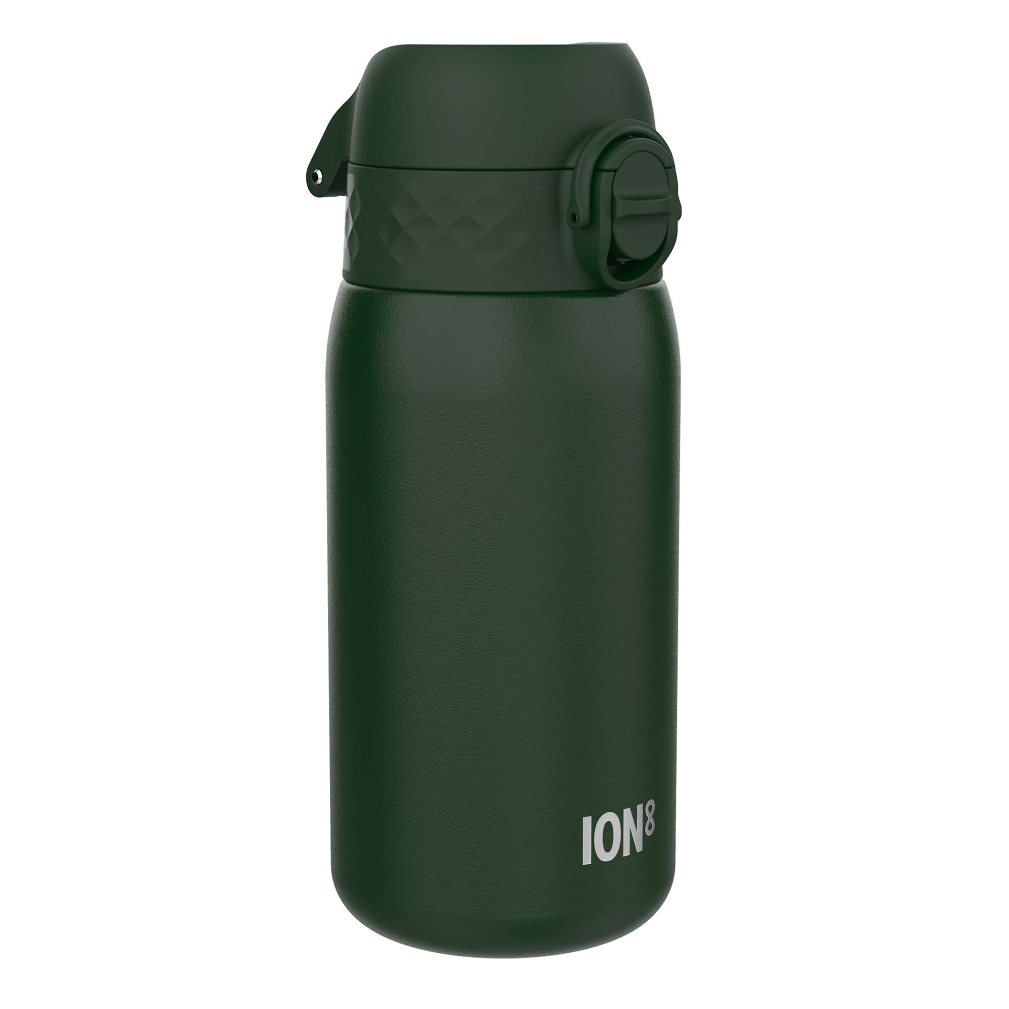 Dark green stainless steel leak-proof kids water bottle from ION8, 400ml capacity with a secure lid and durable design.