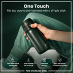 Dark green ION8 stainless steel water bottle, 400ml leak-proof kids bottle with durable design and secure lid.