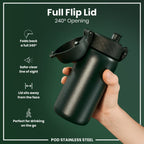 Dark green ION8 stainless steel water bottle, 400ml, leak-proof design, ideal for kids, durable steel construction.