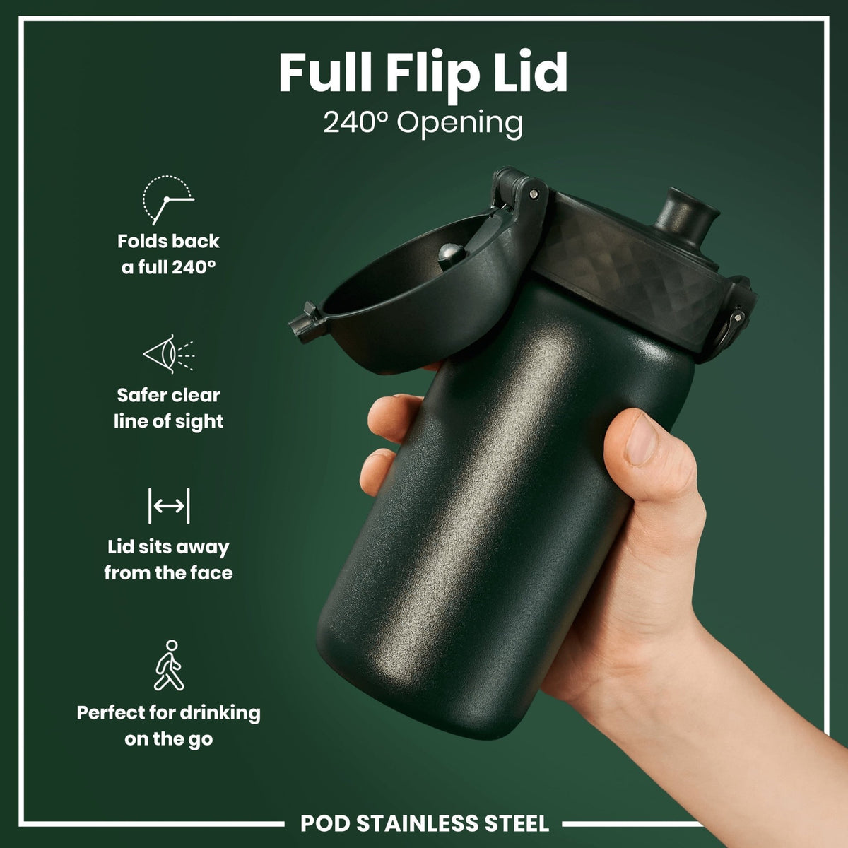 Dark green ION8 stainless steel water bottle, 400ml, leak-proof design, ideal for kids, durable steel construction.
