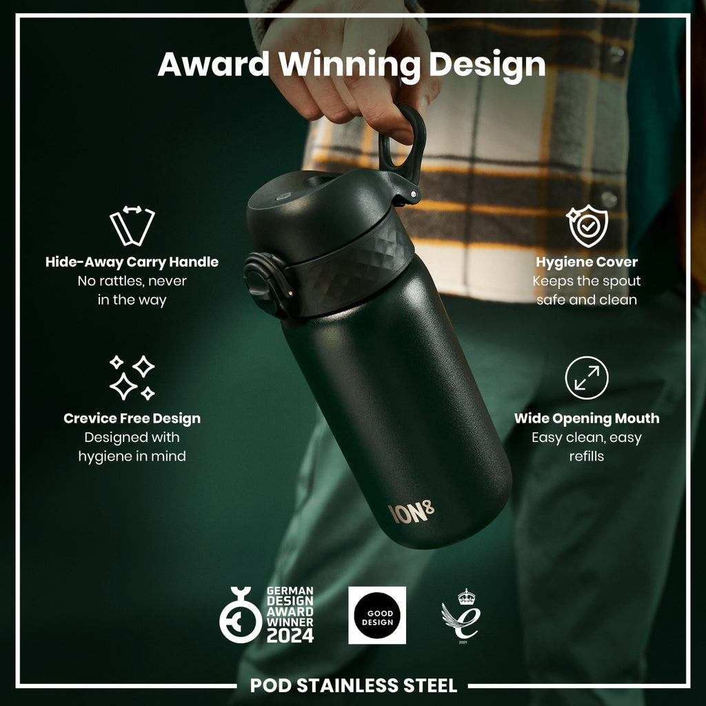 Dark green ION8 stainless steel water bottle, 400ml leak-proof kids' steel bottle with a secure lid and sleek design.
