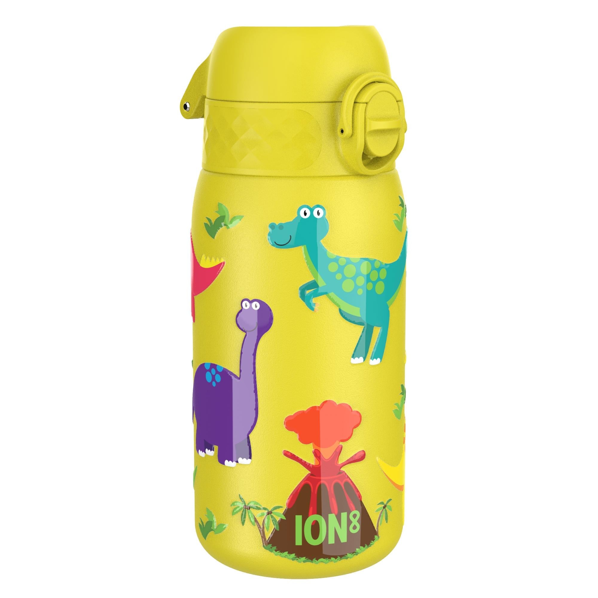 Stainless steel leak-proof kids water bottle with dinosaur design, 400ml capacity, featuring colorful dinosaur illustrations.