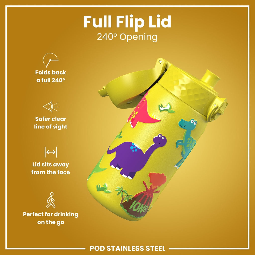 Ion8 stainless steel dinosaur water bottle, 400ml leak-proof kids' steel water bottle with colorful dinosaur design