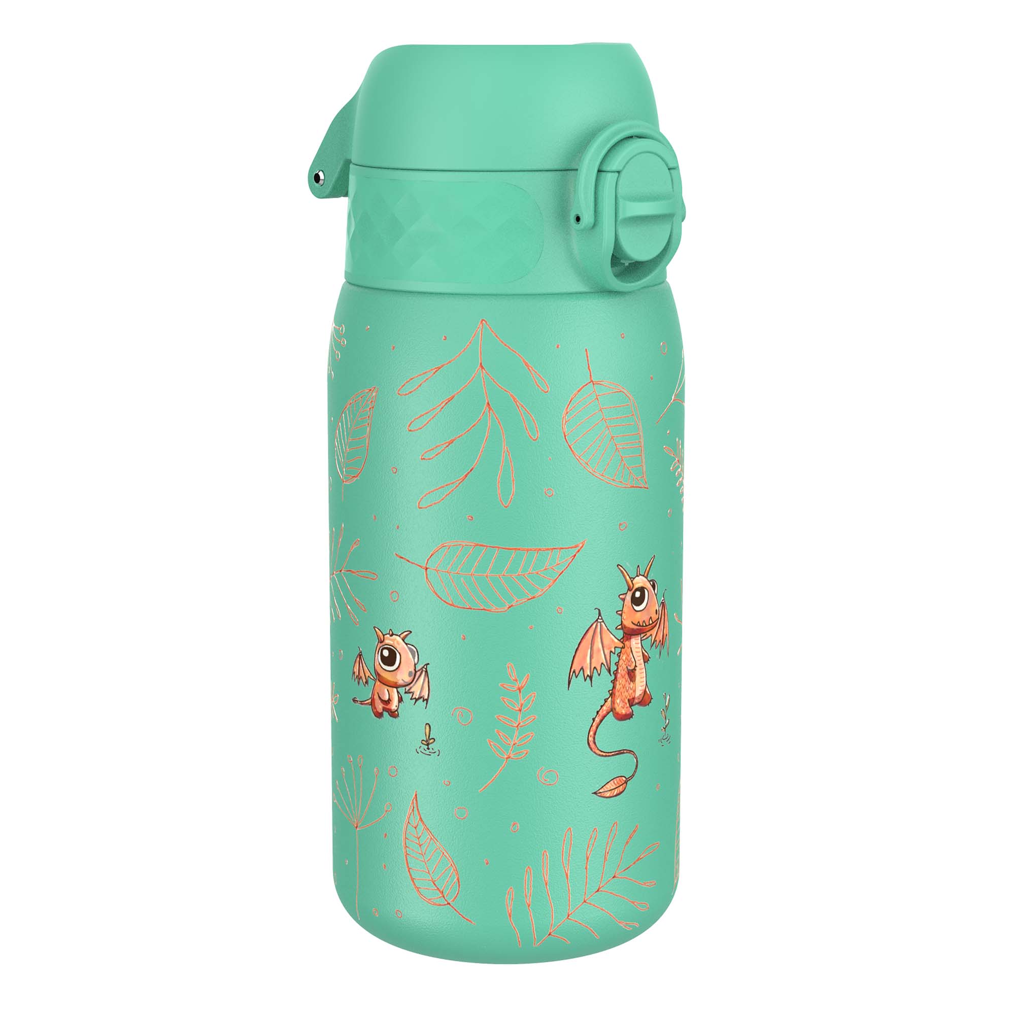 ION8 stainless steel leak-proof kids water bottle with colorful egg to dragon design, 400ml capacity, durable and child-friendly.