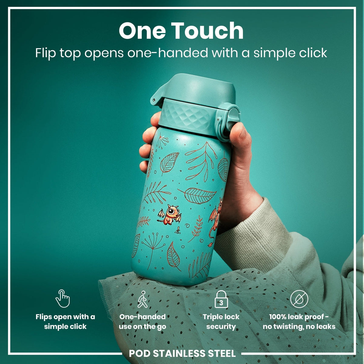 ION8 stainless steel water bottle with egg-to-dragon design, 400ml leak-proof steel water bottle for kids.