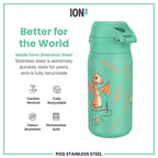 ION8 stainless steel water bottle with a leak-proof design featuring a colorful egg to dragon illustration, 400ml capacity for kids.