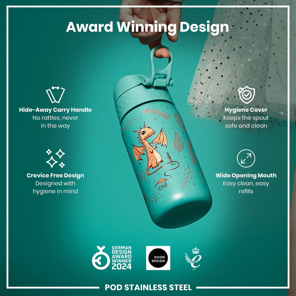ION8 stainless steel water bottle with egg to dragon design, 400ml capacity, leak-proof kids' steel water bottle.