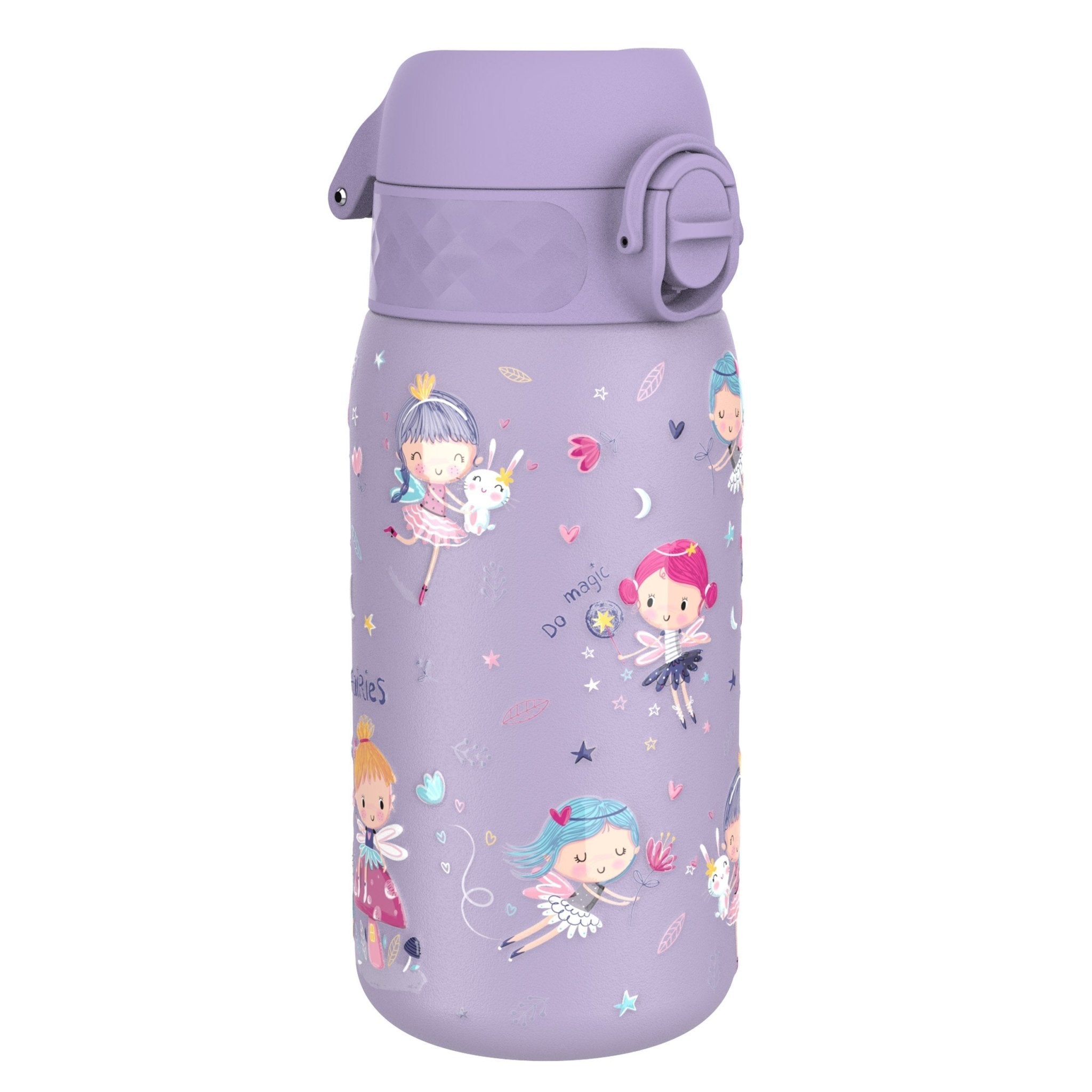 Ion8 stainless steel leak-proof kids water bottle with fairy design, 400ml capacity, ideal for children.