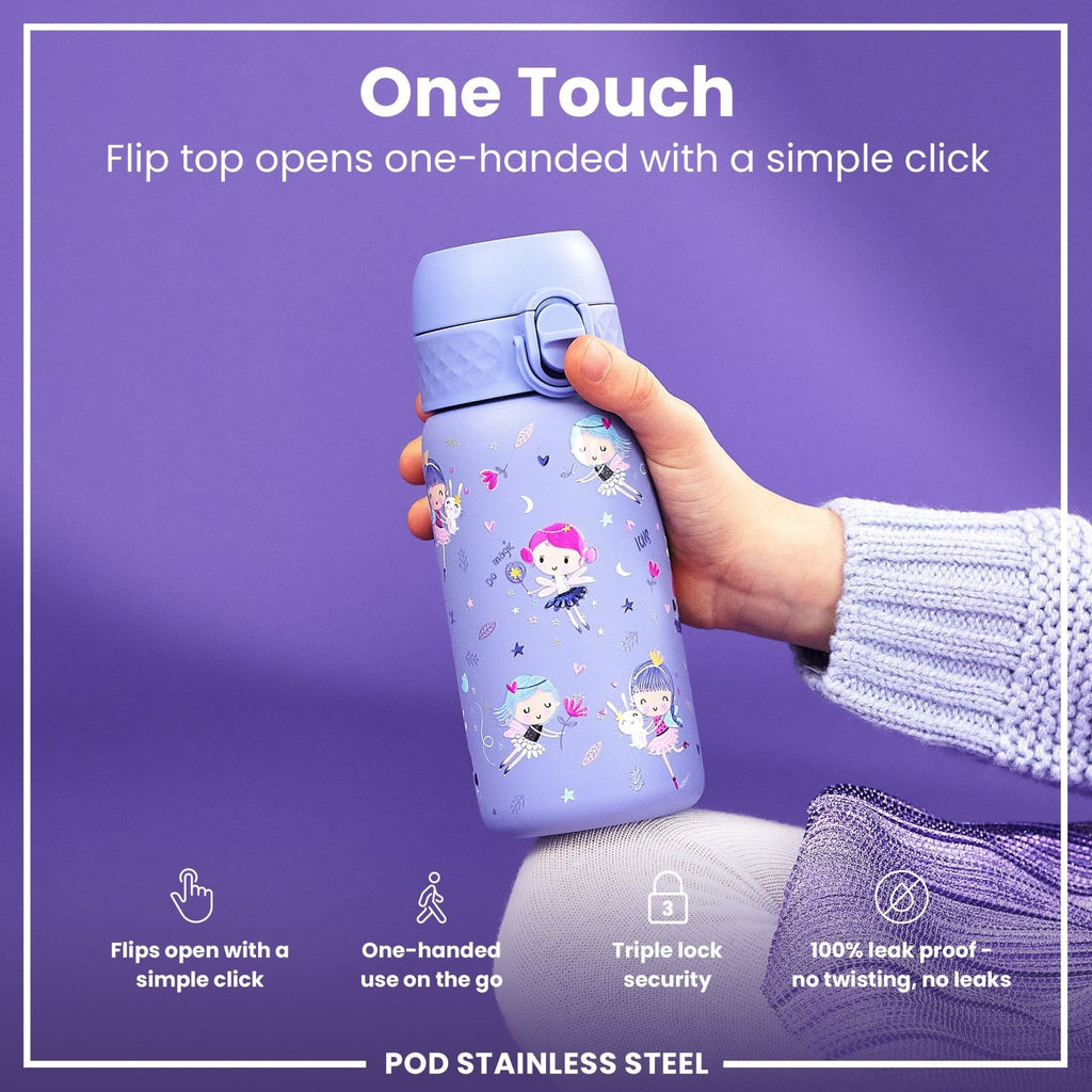 ION8 stainless steel kids' water bottle with fairy design, 400ml leak-proof steel water bottle for children