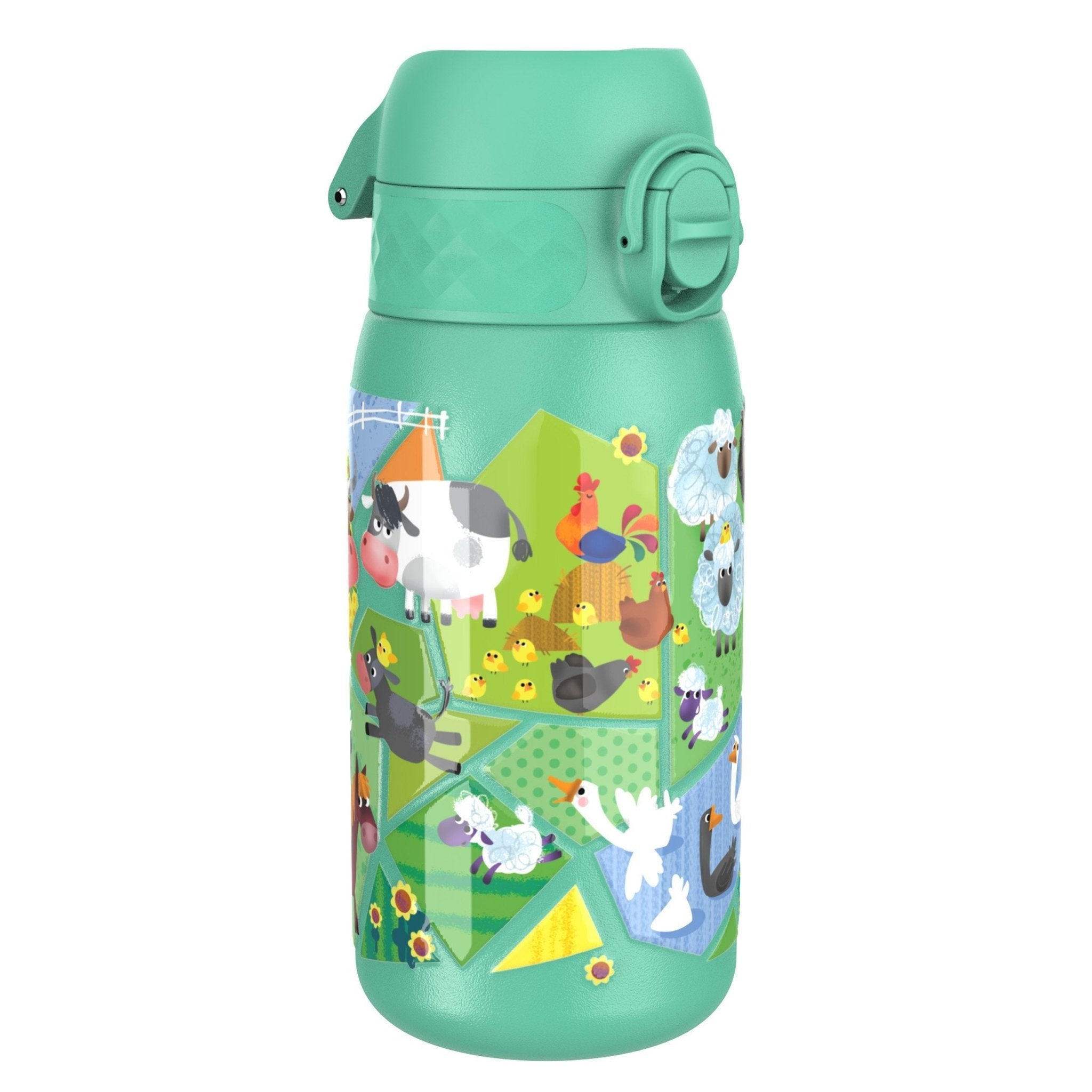 ION8 stainless steel leak-proof kids water bottle featuring farm animal designs, 400ml capacity, suitable for children.
