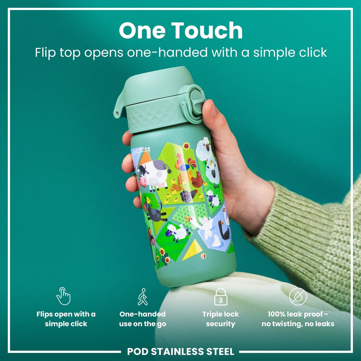 ION8 stainless steel water bottle featuring colorful farming animals design, 400ml capacity, leak-proof kid-friendly steel water bottle.
