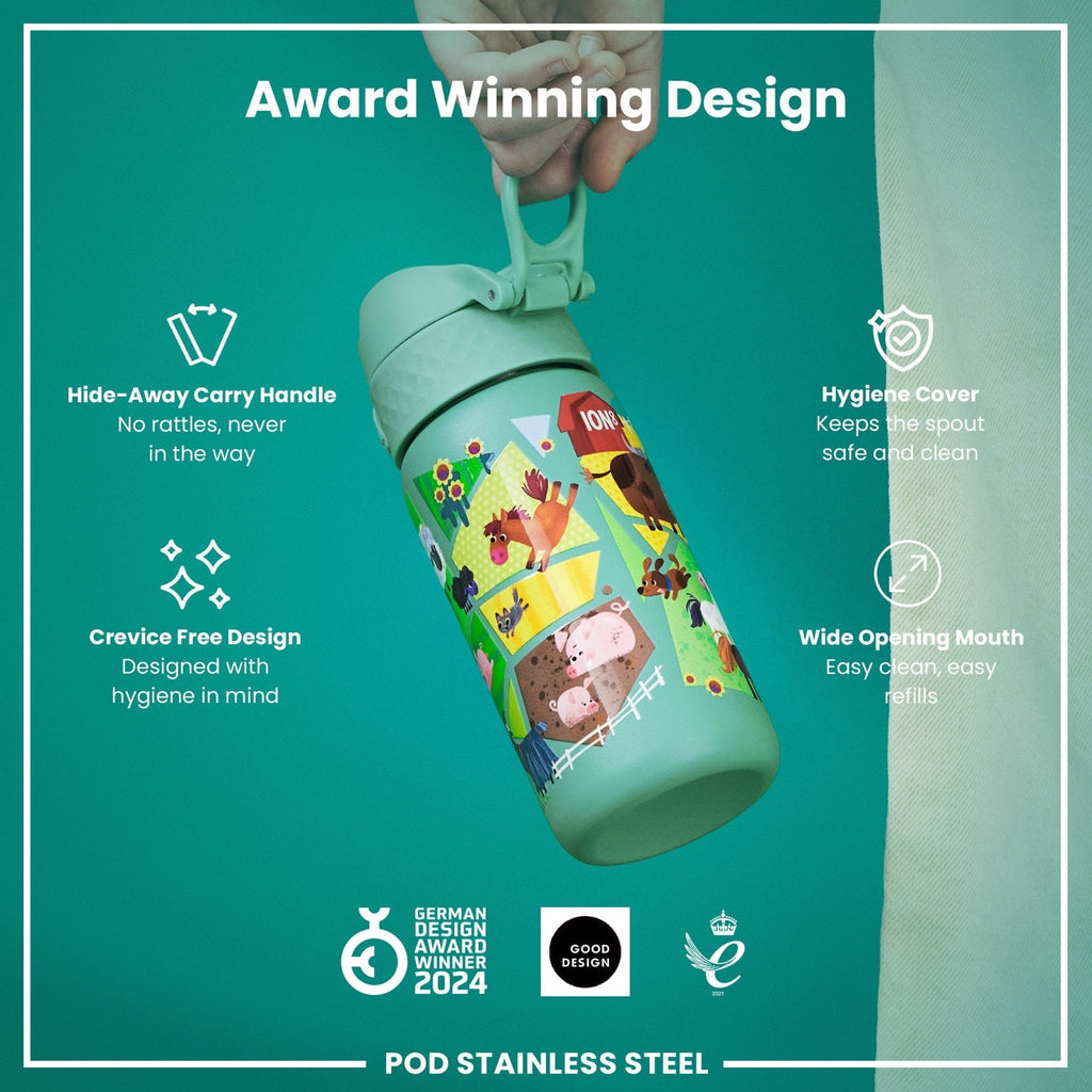 ION8 stainless steel water bottle featuring colorful farming animal designs, 400ml capacity, leak-proof for kids.