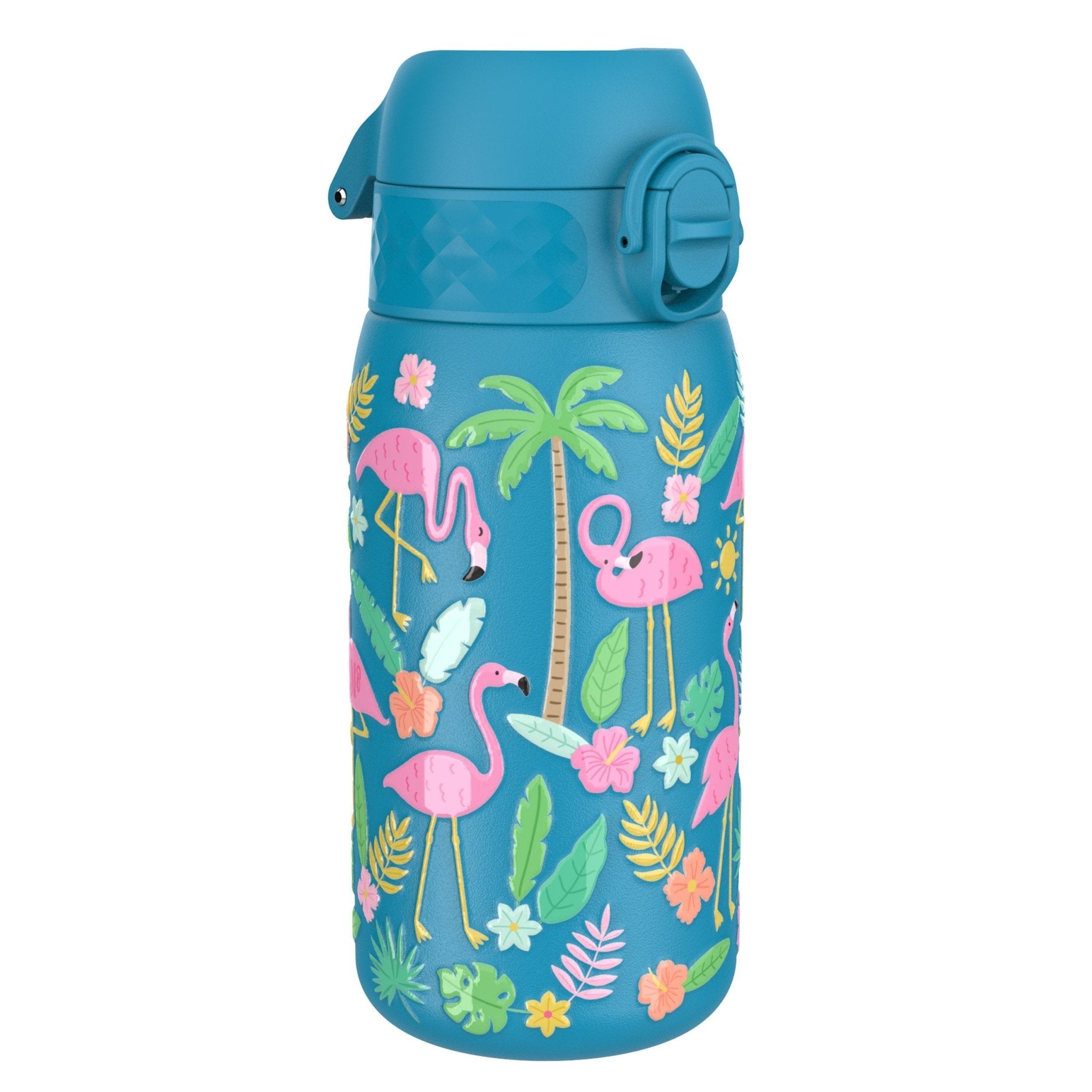 ION8 stainless steel kids water bottle with flamingo design, leak-proof 400ml (13oz) water bottle for children.