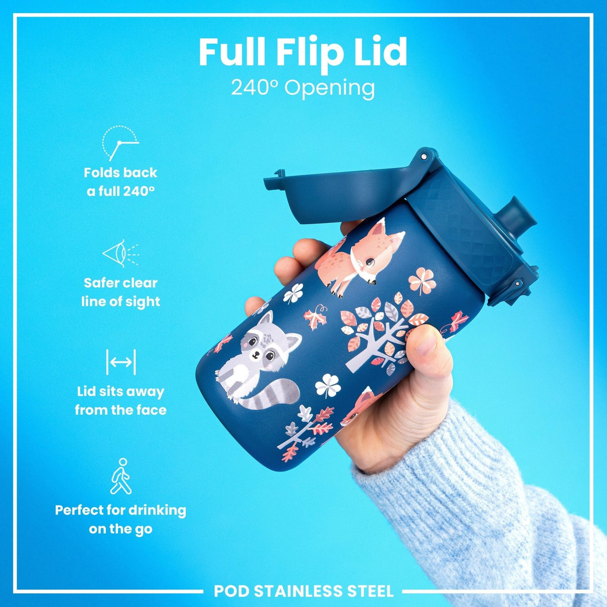 ION8 stainless steel water bottle with forest animal design, 400ml leak-proof kids' steel water bottle, durable and eco-friendly.