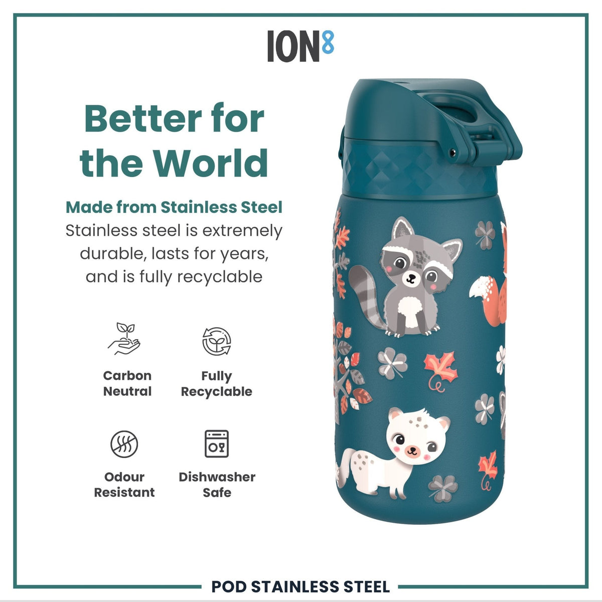 ION8 stainless steel water bottle with forest animal design, 400ml leak-proof kids' steel bottle, durable and eco-friendly.
