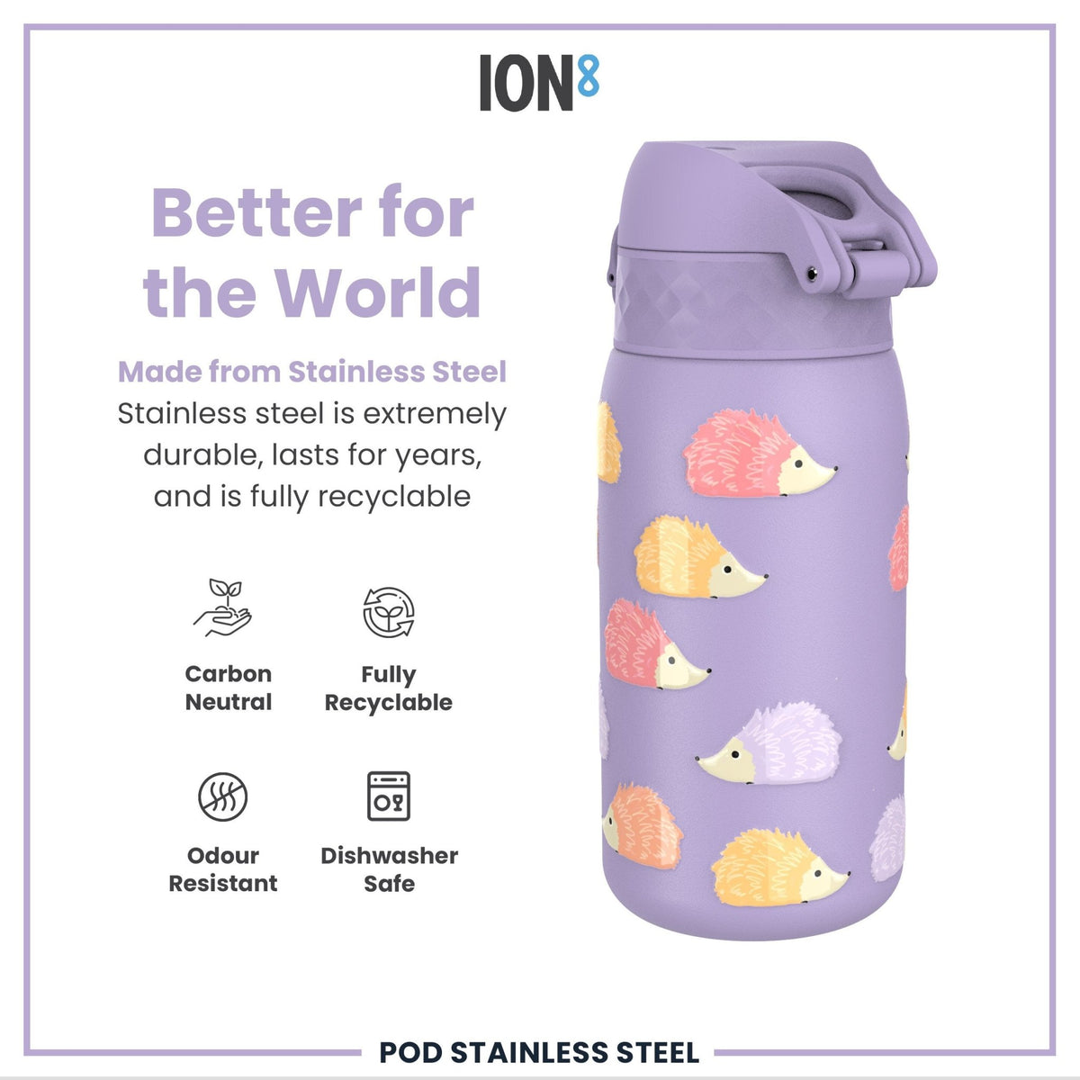 ION8 stainless steel water bottle with hedgehog design, 400ml leak-proof kids' steel water bottle for daily use