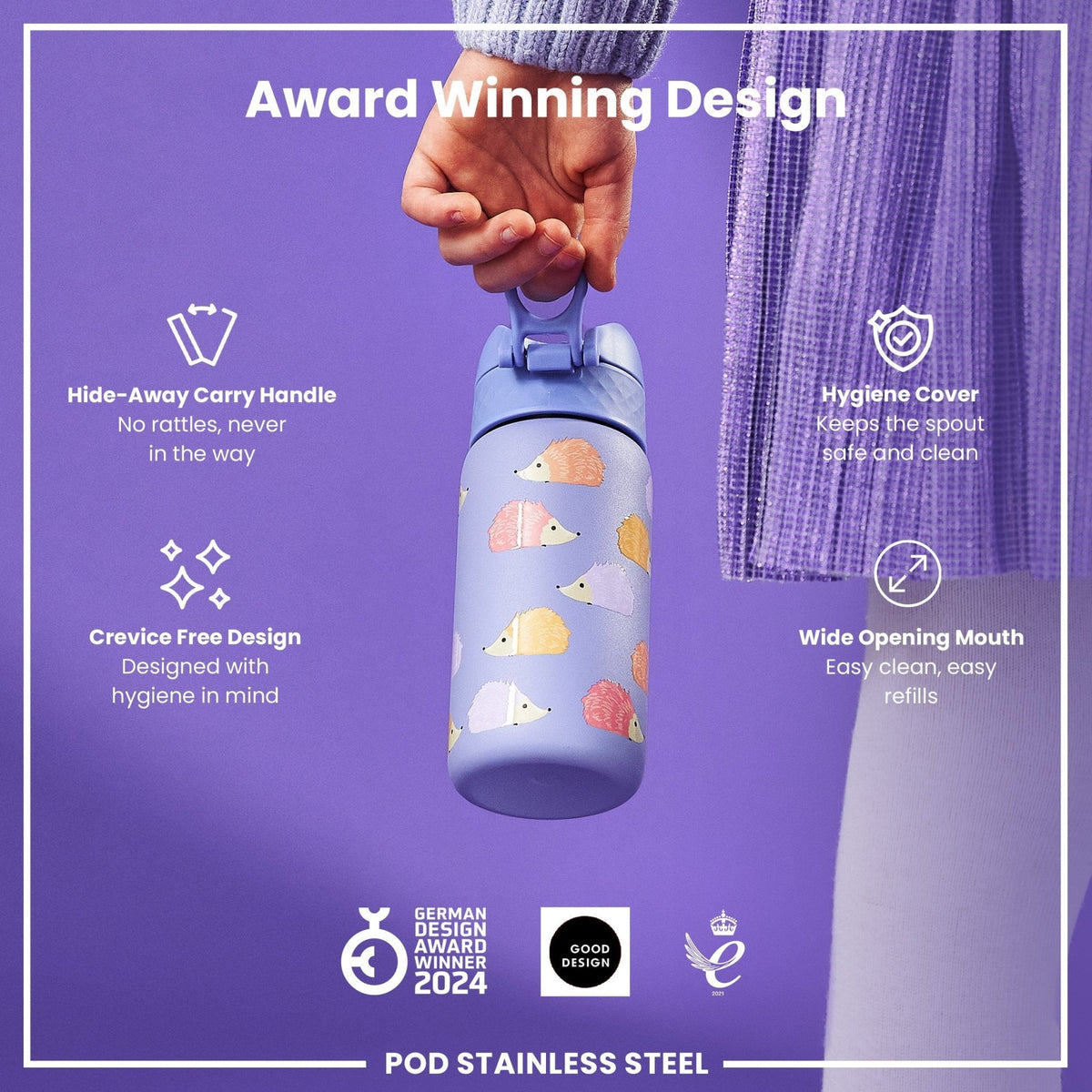 ION8 stainless steel water bottle with hedgehog design, 400ml capacity, leak-proof kid's steel water bottle.