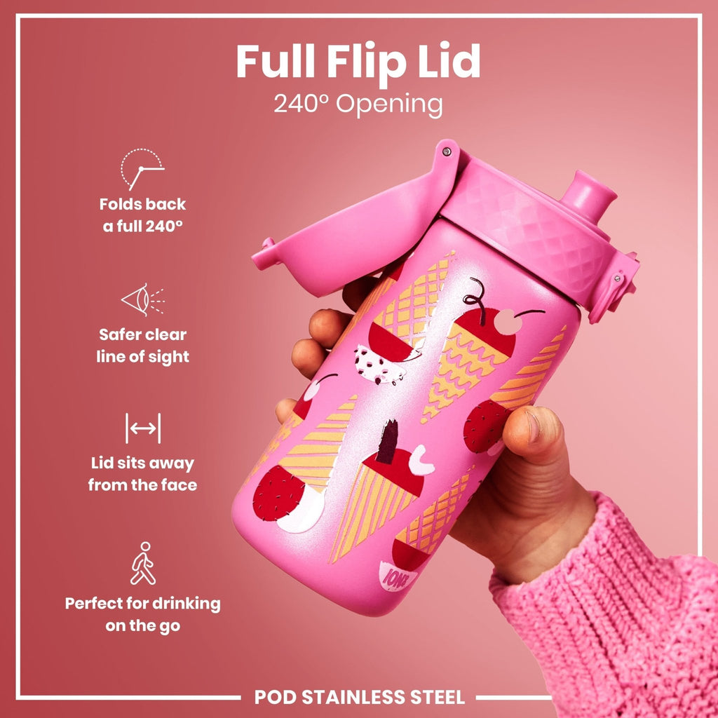 Ion8 stainless steel water bottle with ice cream design, 400ml capacity, leak-proof kids' water bottle, durable and stylish.