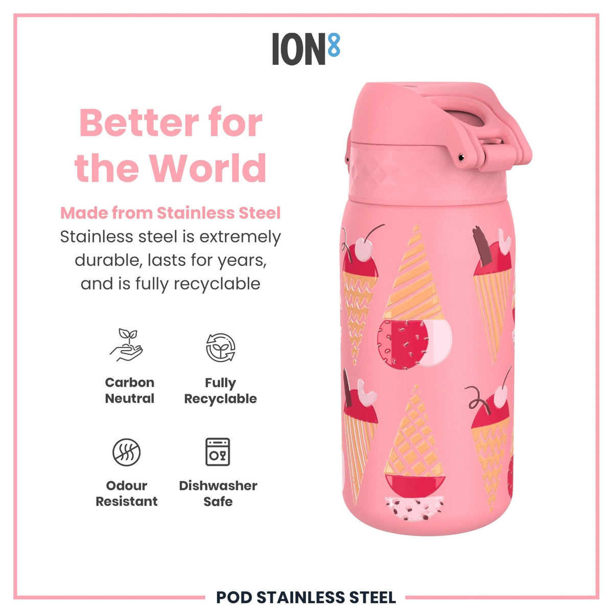 ION8 stainless steel water bottle with ice cream design, 400ml leak-proof kids' steel water bottle for cold drinks