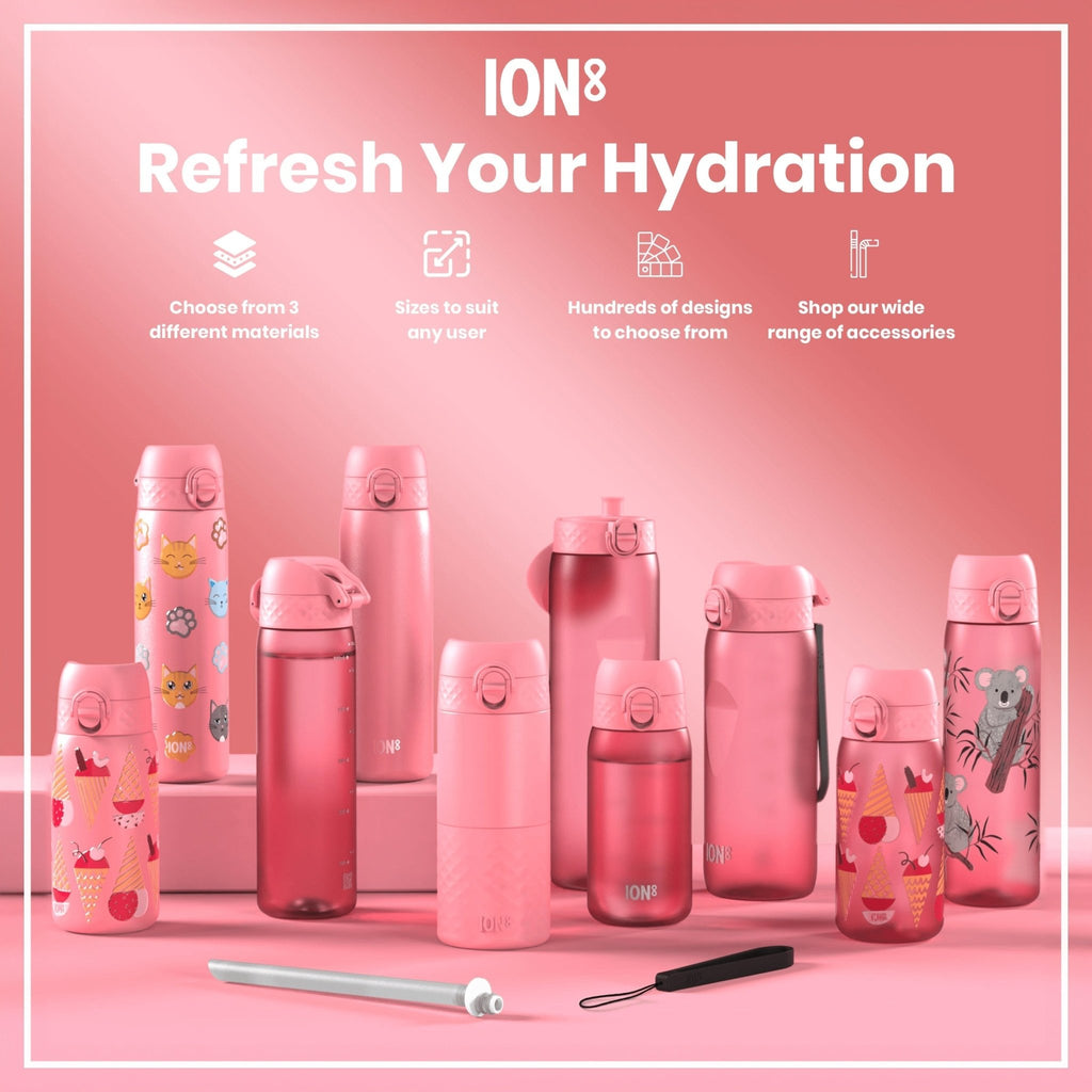 ION8 stainless steel water bottle with ice cream design, 400ml capacity, leak-proof kids' steel water bottle.