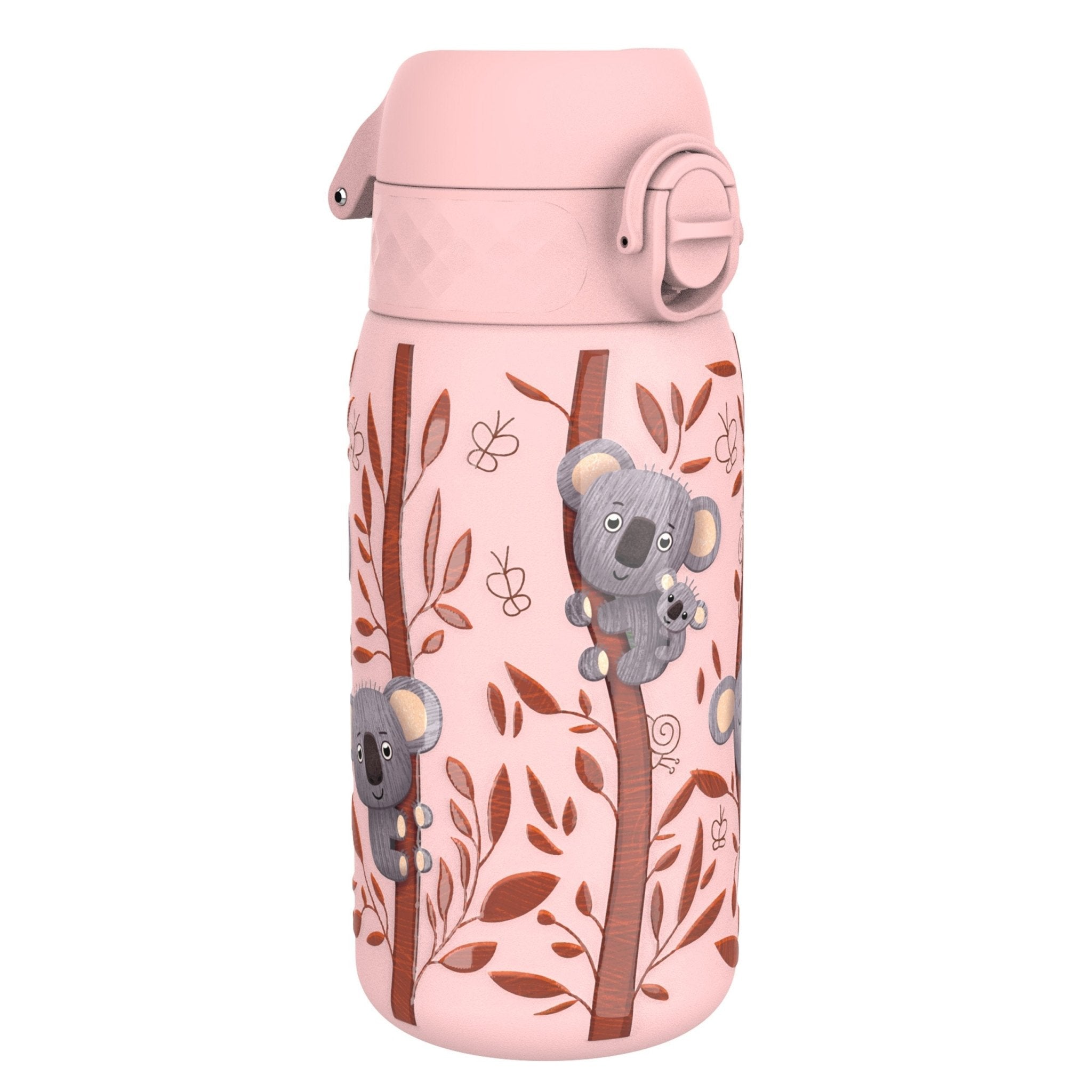 Ion8 leak-proof kids water bottle with stainless steel body featuring koalas, 400ml capacity, ideal for children.