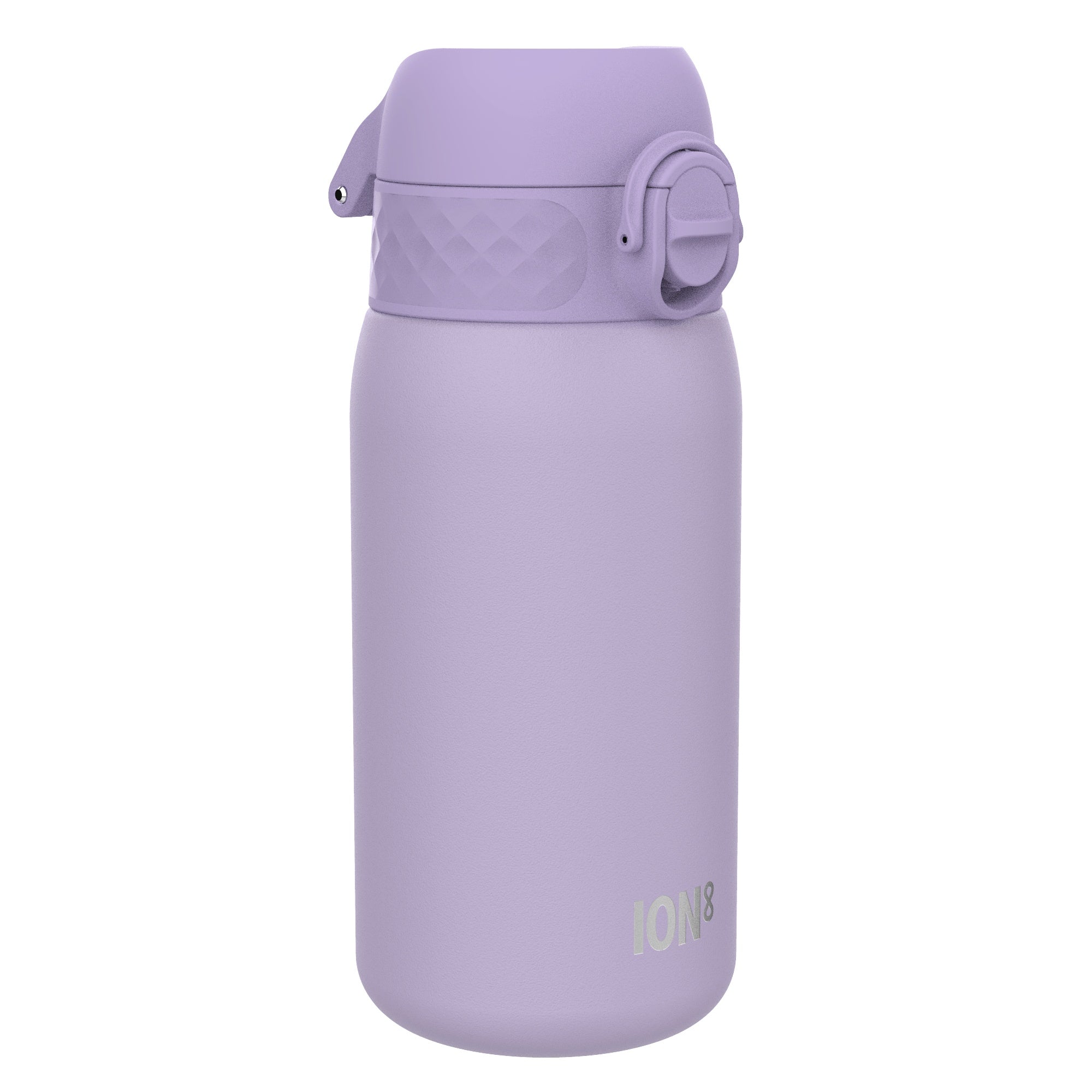 Leak-proof kids stainless steel water bottle in light purple, 400ml, with a secure lid and compact design by ION8.