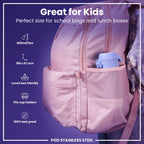 Ion8 stainless steel water bottle in light purple, 400ml capacity, leak-proof design, ideal for kids.