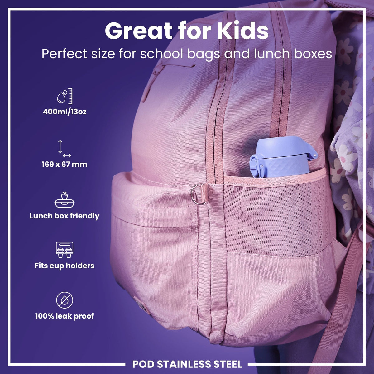 Ion8 stainless steel water bottle in light purple, 400ml capacity, leak-proof design, ideal for kids.