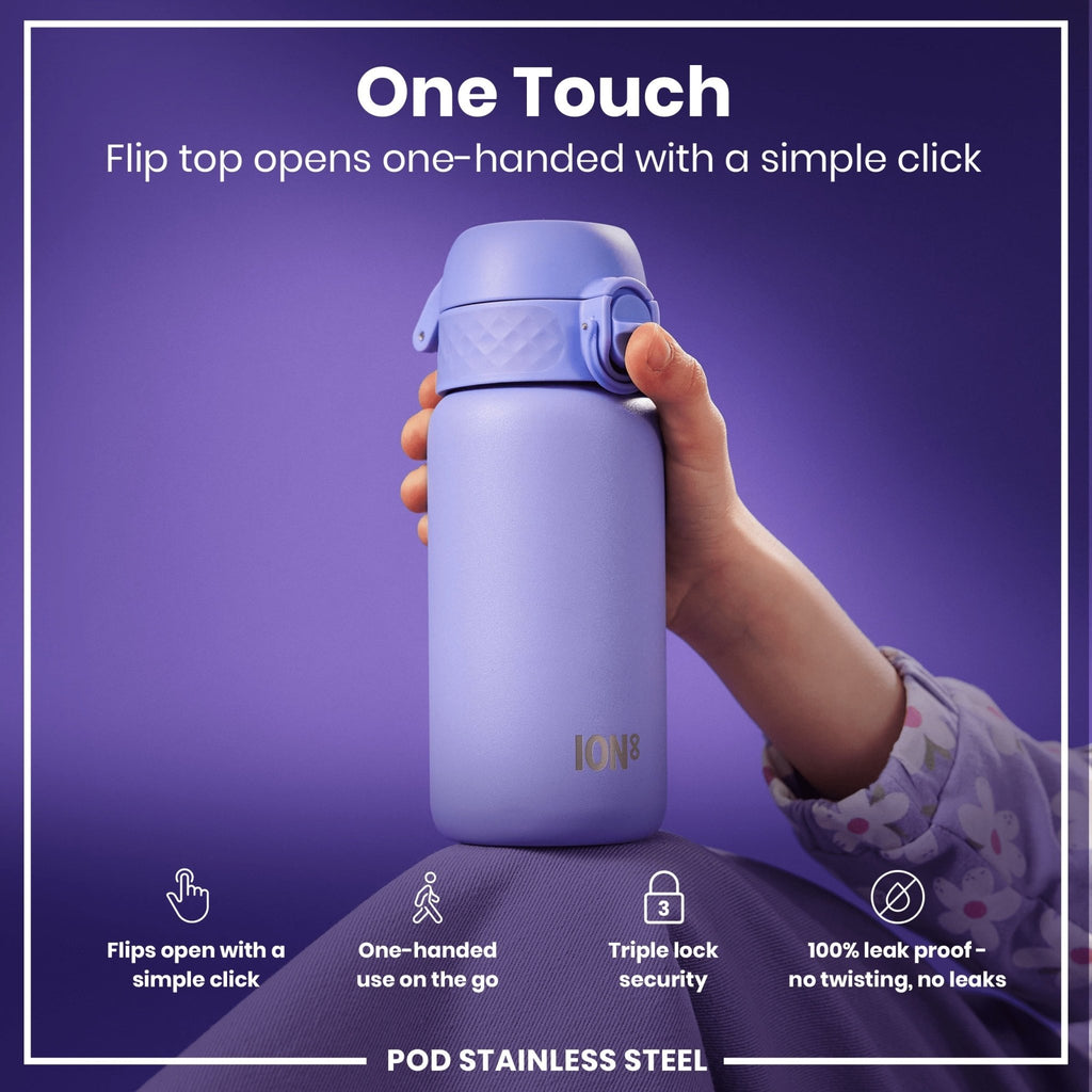 Light purple stainless steel water bottle by ION8, 400ml capacity, leak-proof design, ideal for kids.