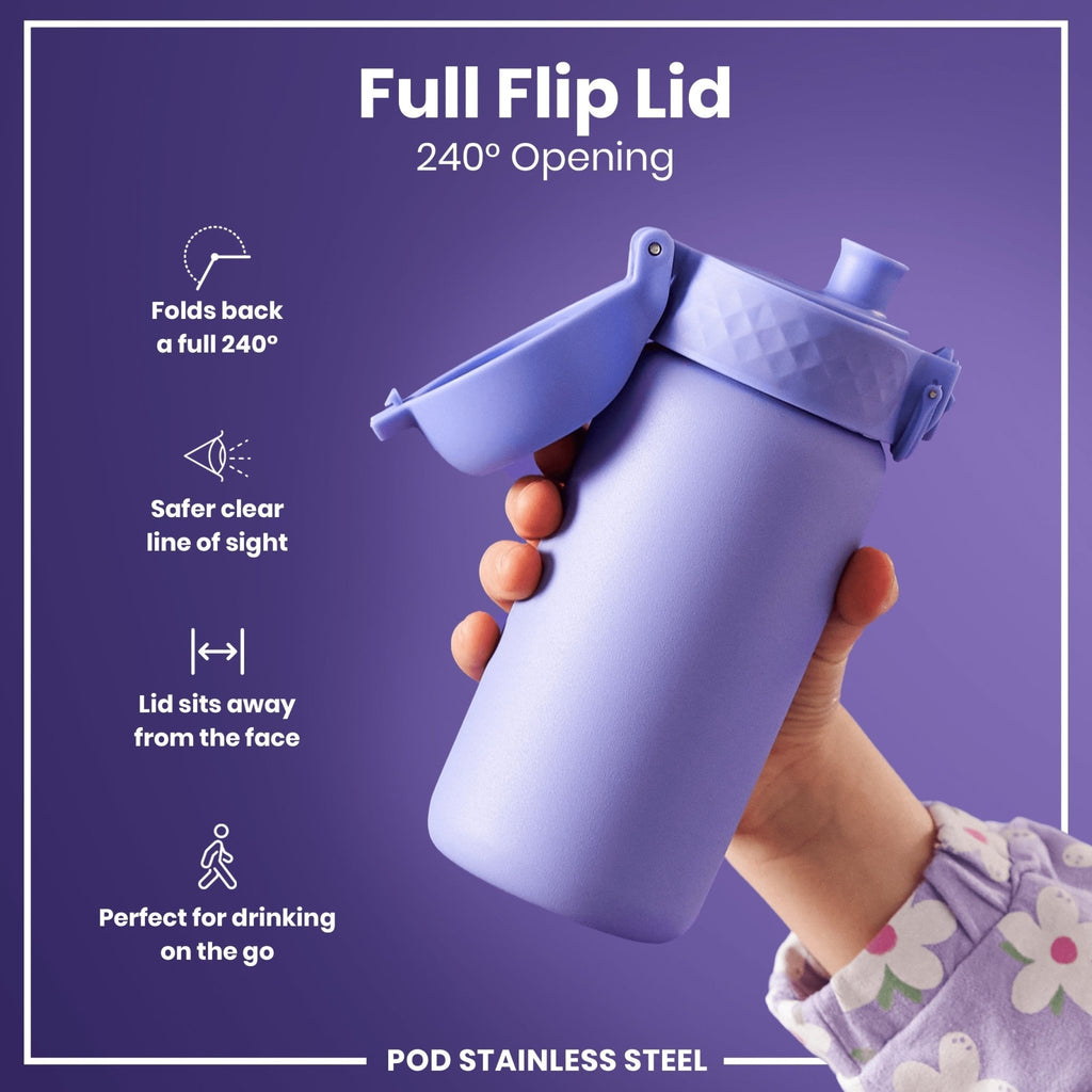 ION8 stainless steel water bottle in light purple, 400ml, leak-proof kid's bottle with durable steel construction.
