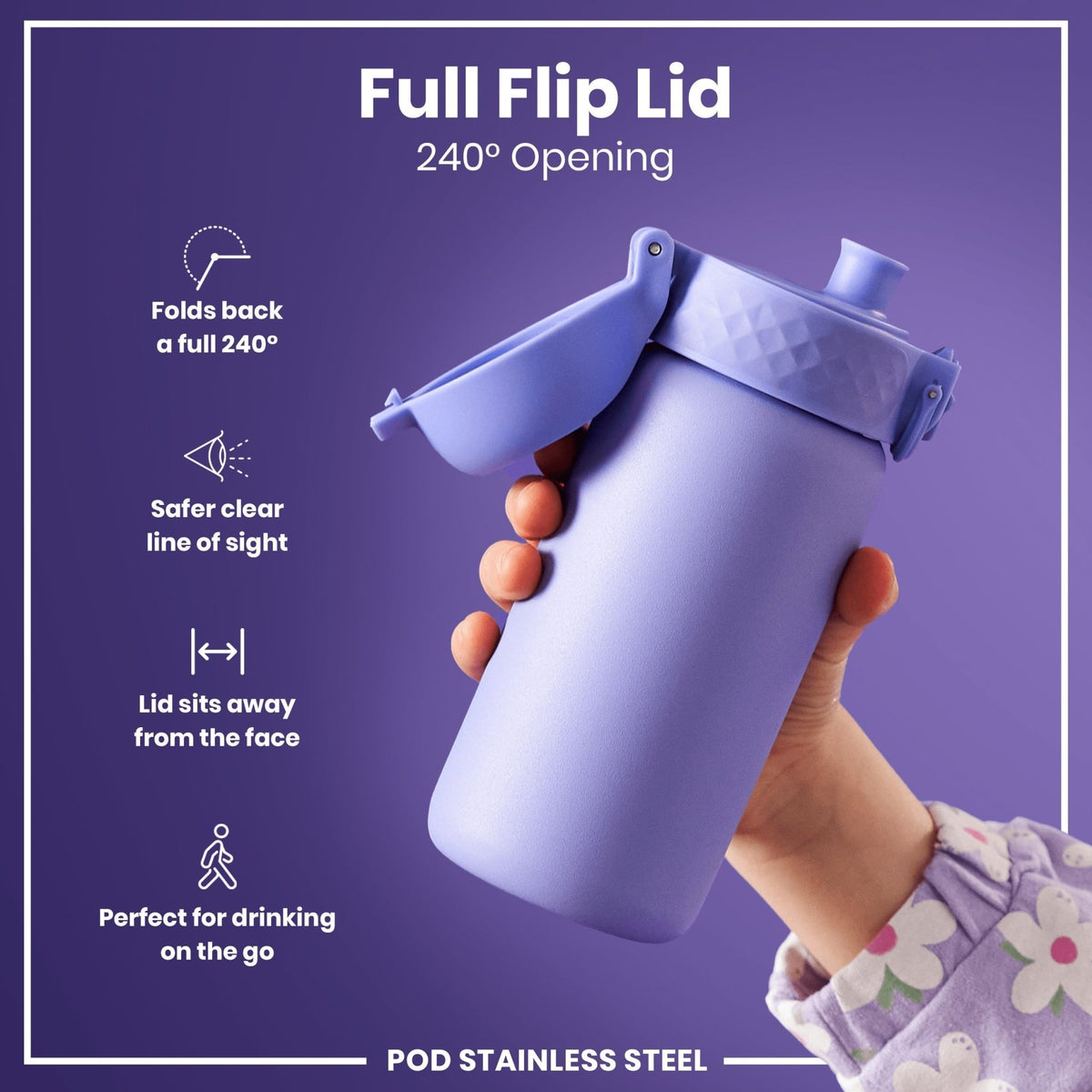 ION8 stainless steel water bottle in light purple, 400ml, leak-proof kid's bottle with durable steel construction.