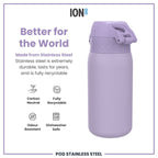 Light purple ION8 stainless steel water bottle, 400ml capacity, leak-proof design, suitable for kids, durable and stylish.