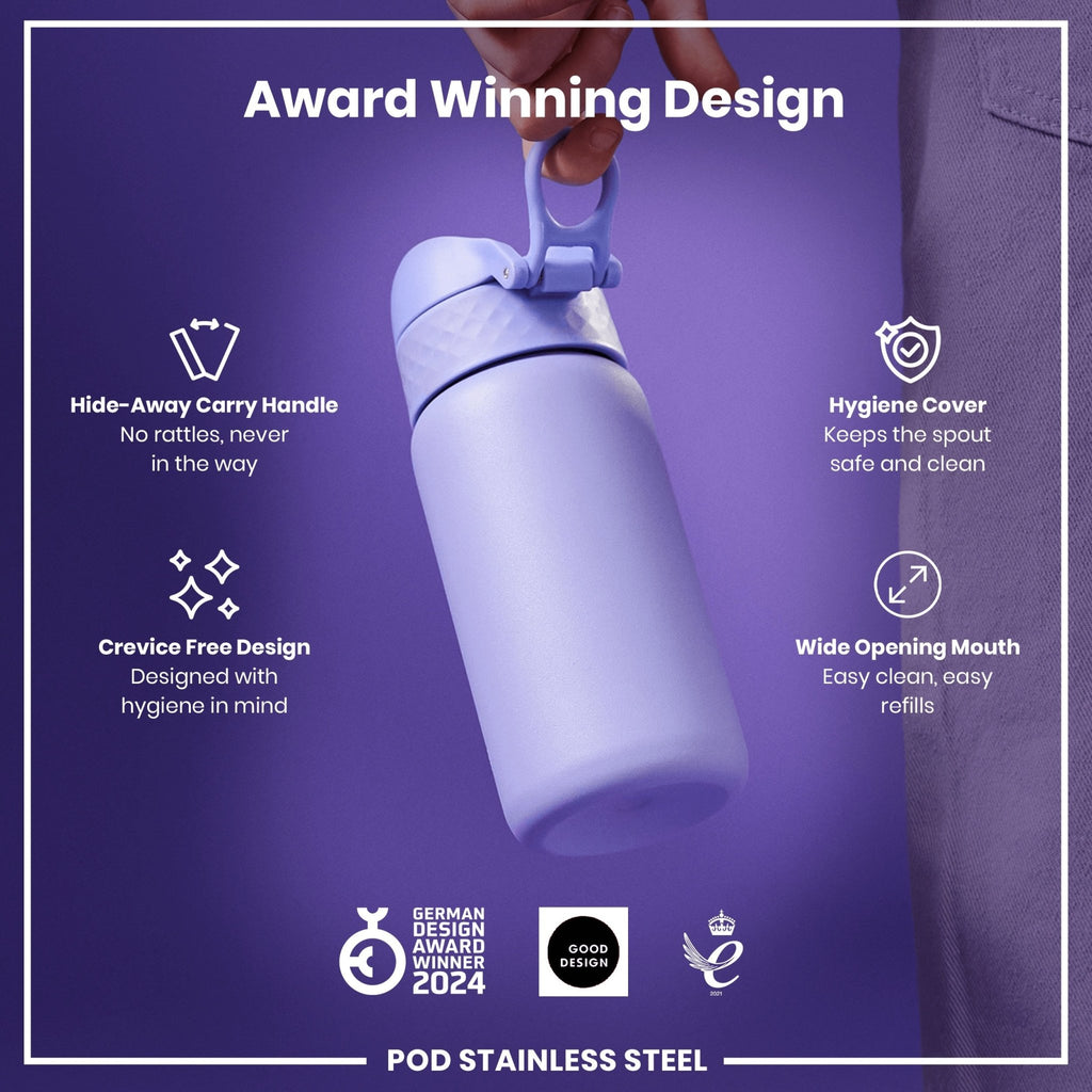 Light purple 400ml stainless steel water bottle by ION8, leak-proof design, ideal for kids and active use.