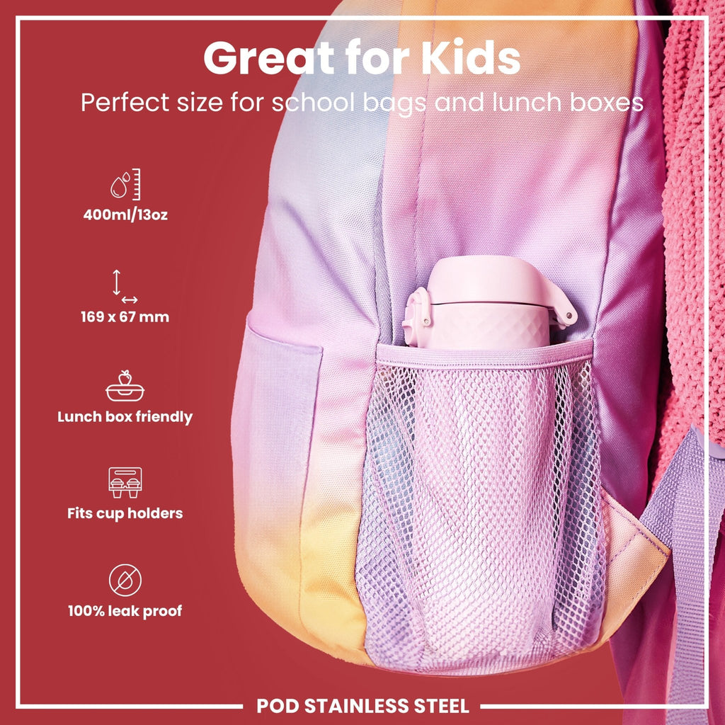 Ion8 stainless steel water bottle in Lilac Dusk, 400ml, leak-proof design ideal for kids' steel water bottles