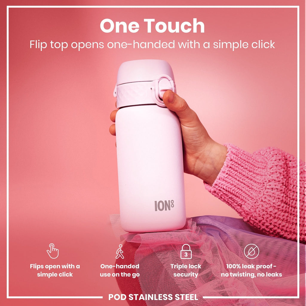 Ion8 stainless steel water bottle in Lilac Dusk, 400ml, leak-proof design for kids, durable and stylish steel water bottle