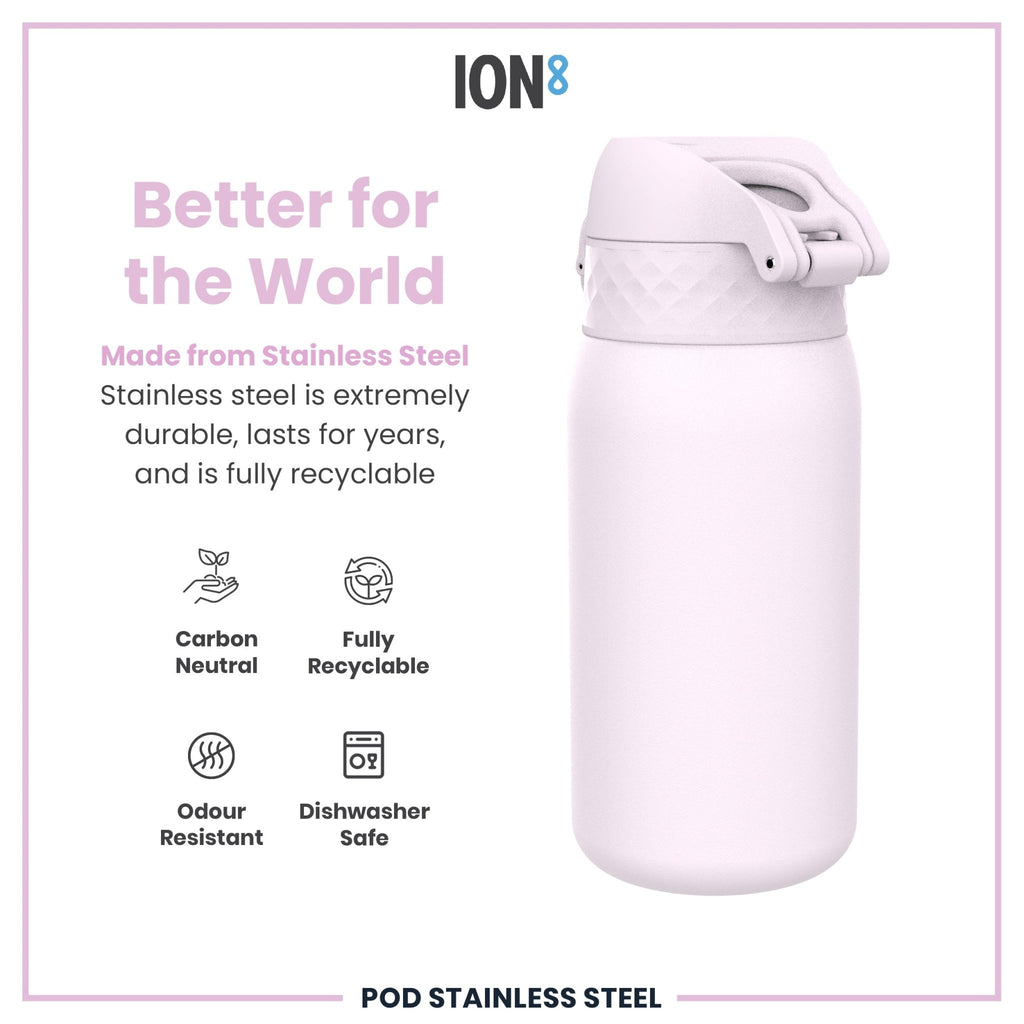 Ion8 stainless steel water bottle in Lilac Dusk, 400ml, leak-proof design for kids, durable steel water bottle by Ion8