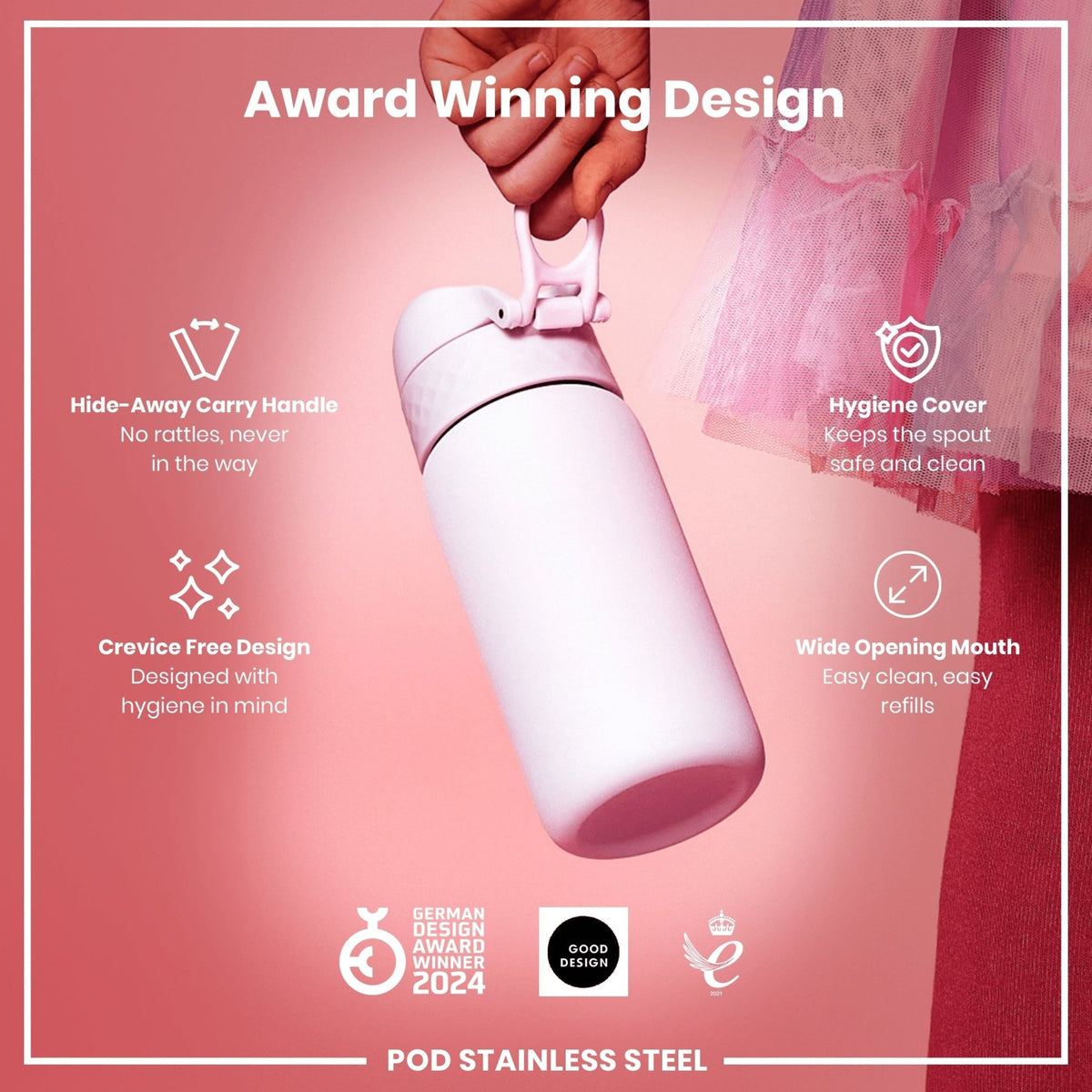 ION8 stainless steel water bottle in Lilac Dusk, 400ml, leak-proof design for kids, durable and stylish steel water bottle.