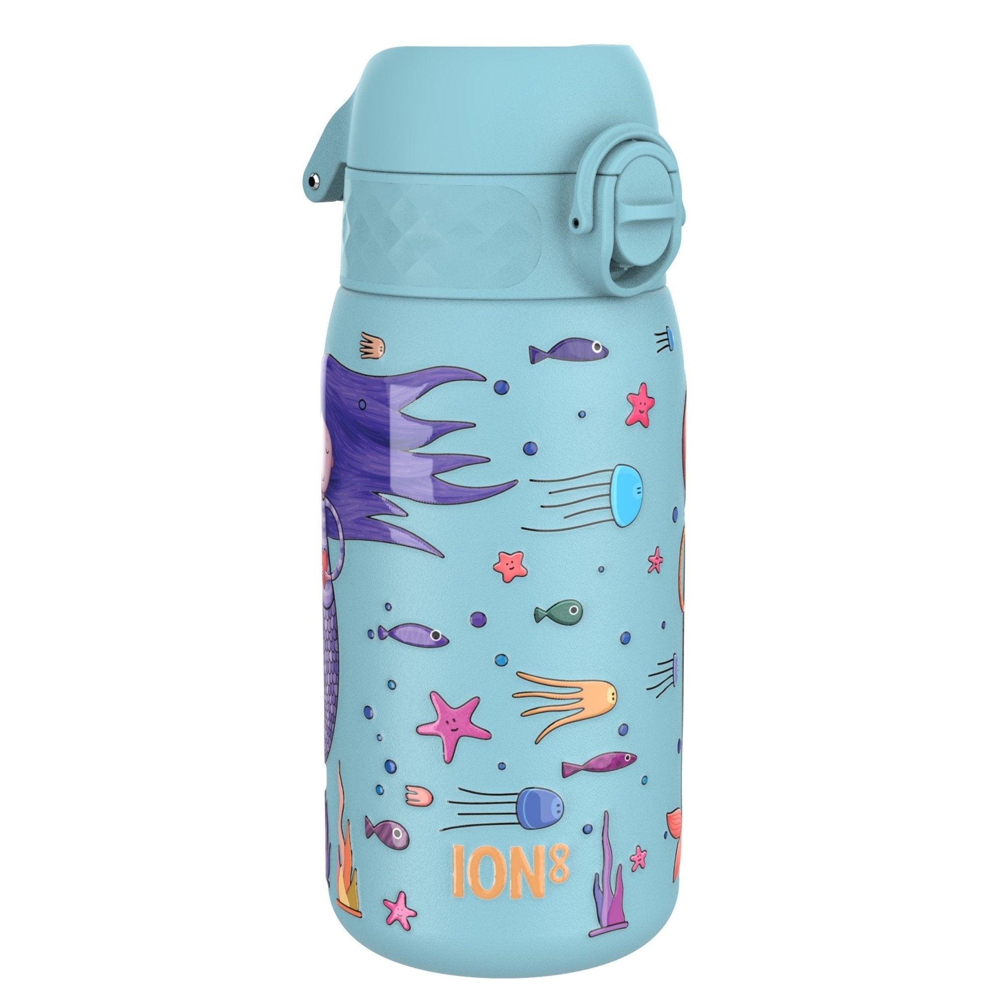 ION8 stainless steel kids water bottle with leak-proof design featuring mermaid illustrations, 400ml capacity.