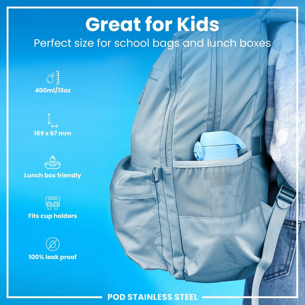 Ion8 stainless steel water bottle with mermaid design, 400ml leak-proof kids' steel water bottle for hydration on the go