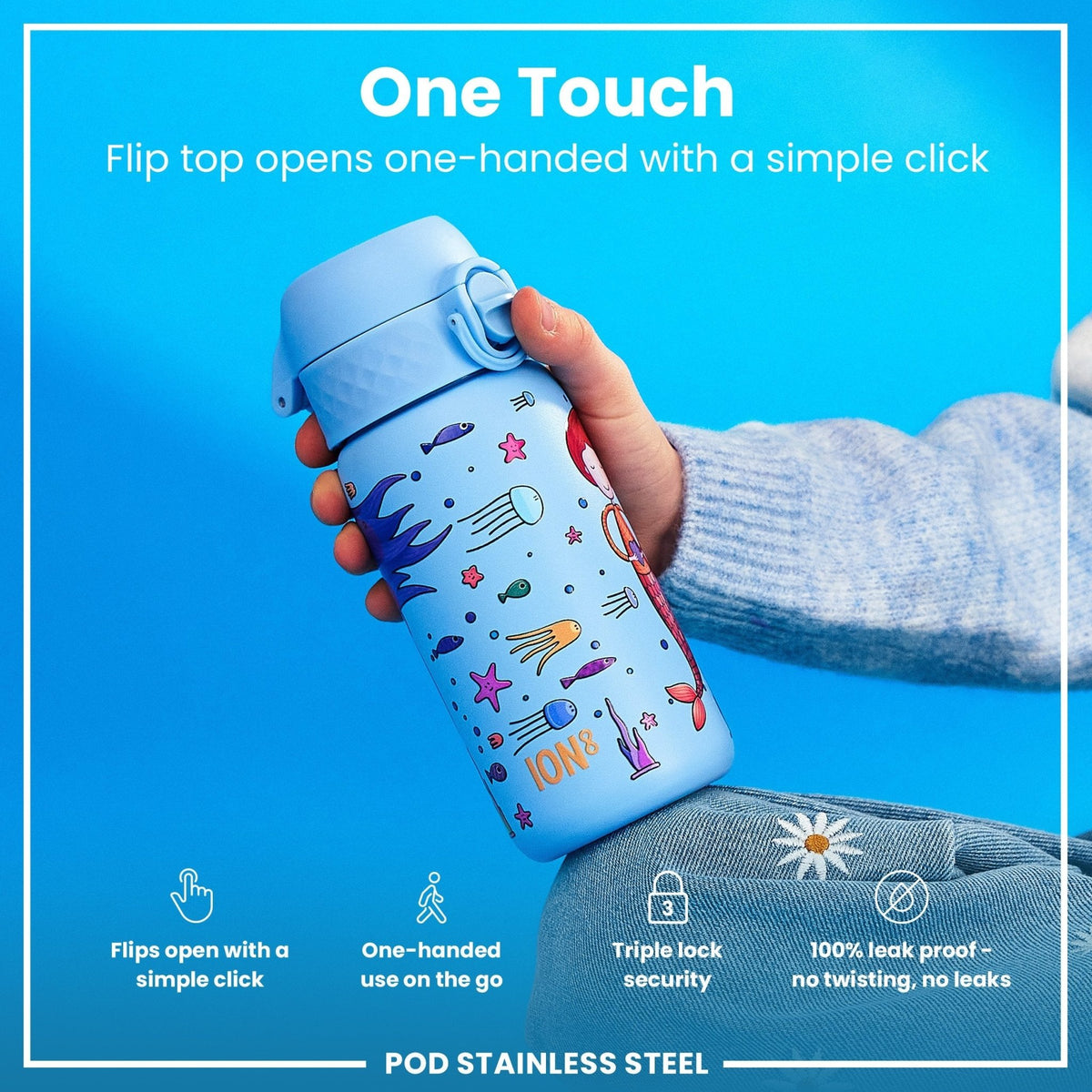 ION8 stainless steel water bottle with mermaid design, 400ml leak-proof kids' steel bottle for hydration.