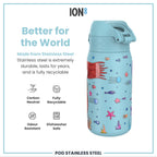 Ion8 stainless steel water bottle with mermaid design, 400ml leak-proof kids' steel water bottle with colorful mermaid illustration.