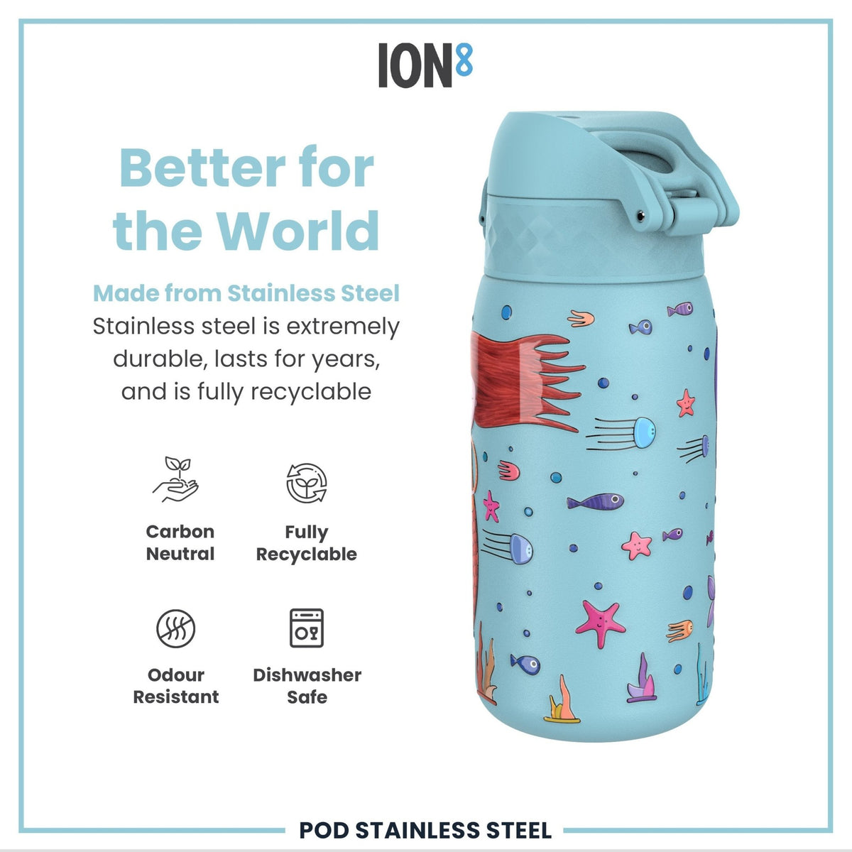Ion8 stainless steel water bottle with mermaid design, 400ml leak-proof kids' steel water bottle with colorful mermaid illustration.