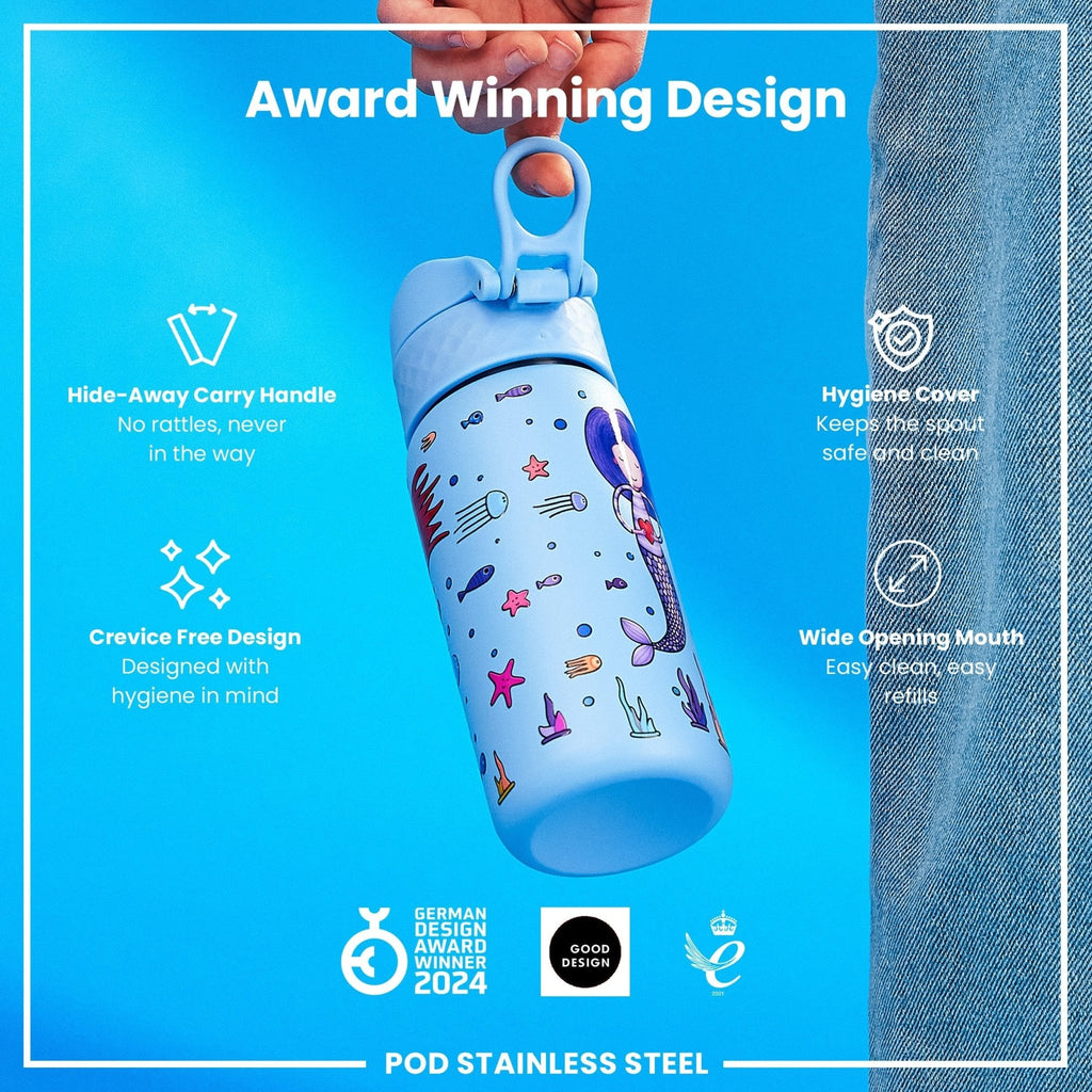 Ion8 stainless steel water bottle with mermaid design, 400ml leak-proof kids' steel bottle for hydration.