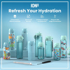 ION8 stainless steel water bottle with mermaid design, 400ml leak-proof kids' water bottle in durable steel material.