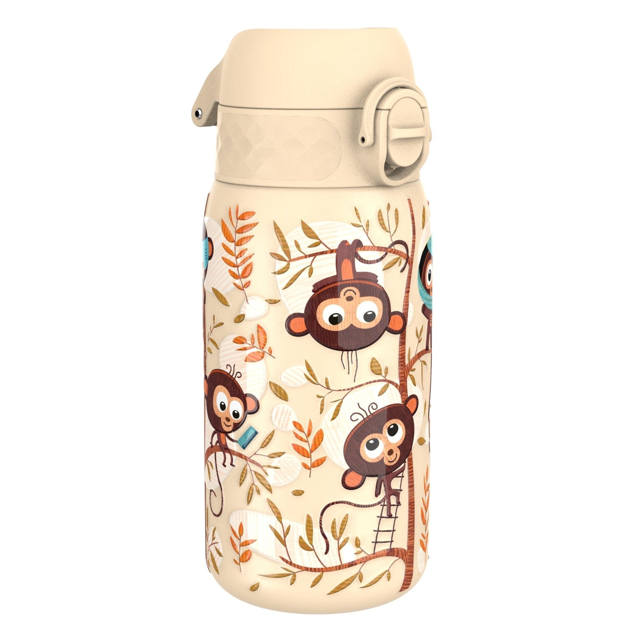 Stainless steel leak-proof kids water bottle with monkey design, 400ml capacity by ION8, featuring a secure lid and playful graphics.