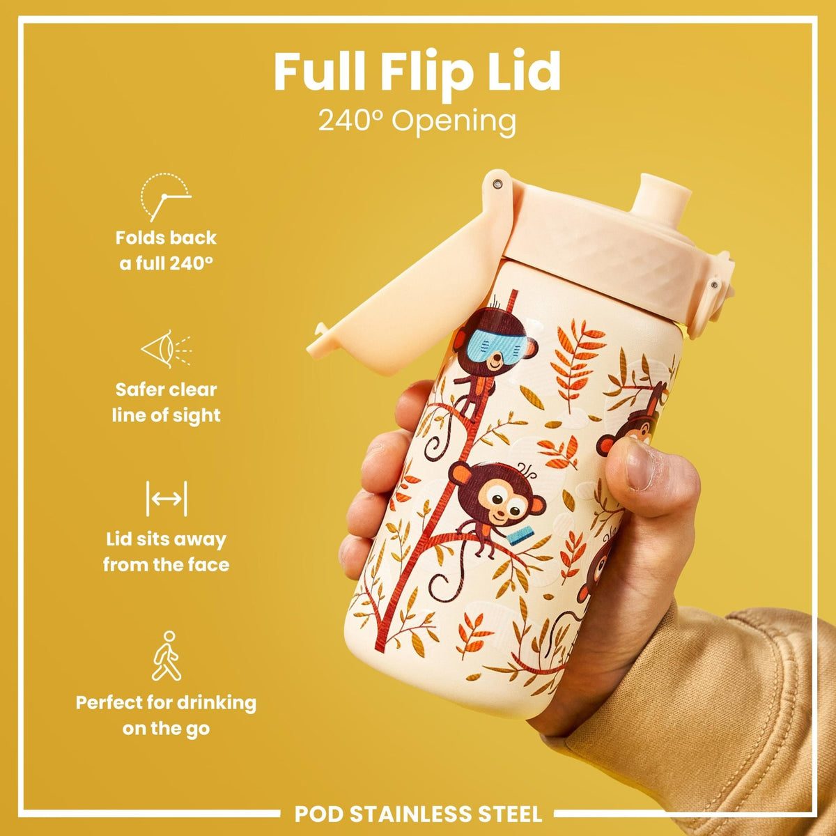 Ion8 stainless steel water bottle featuring playful monkey design, 400ml capacity, leak-proof kids' steel water bottle.