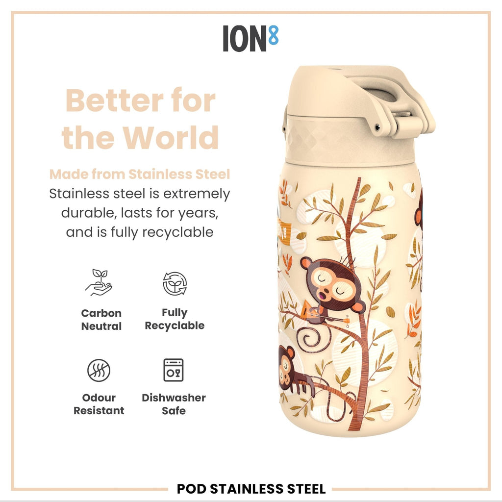 ION8 stainless steel water bottle featuring colorful monkey design, 400ml capacity, leak-proof, durable steel construction for kids.