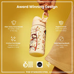ION8 stainless steel water bottle featuring colorful monkey design, 400ml capacity, leak-proof lid, ideal for kids' hydration.